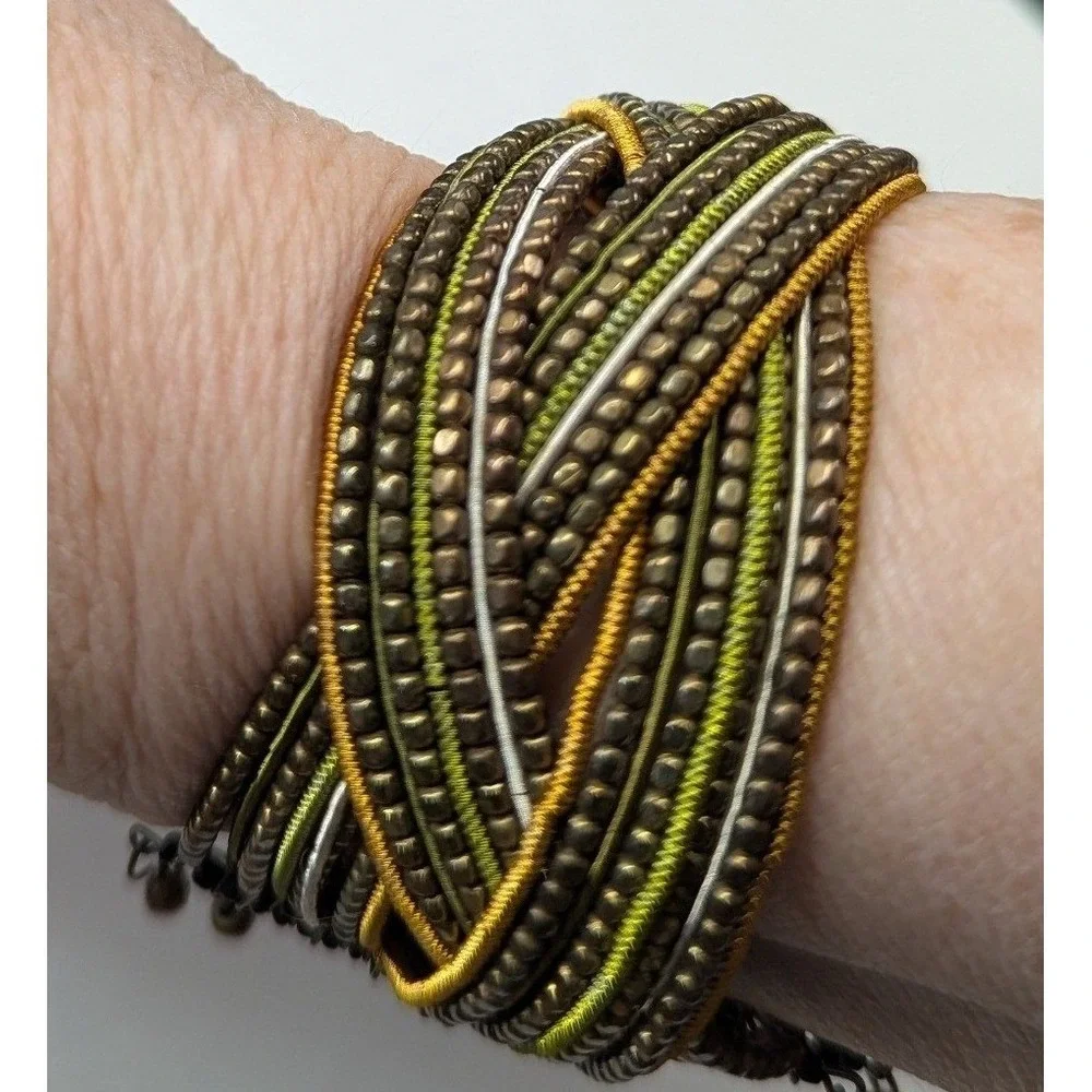Vintage Multi Strand Beaded Cuff Bracelet Braided Wrap‎ OSFM Boho Braided  Woven